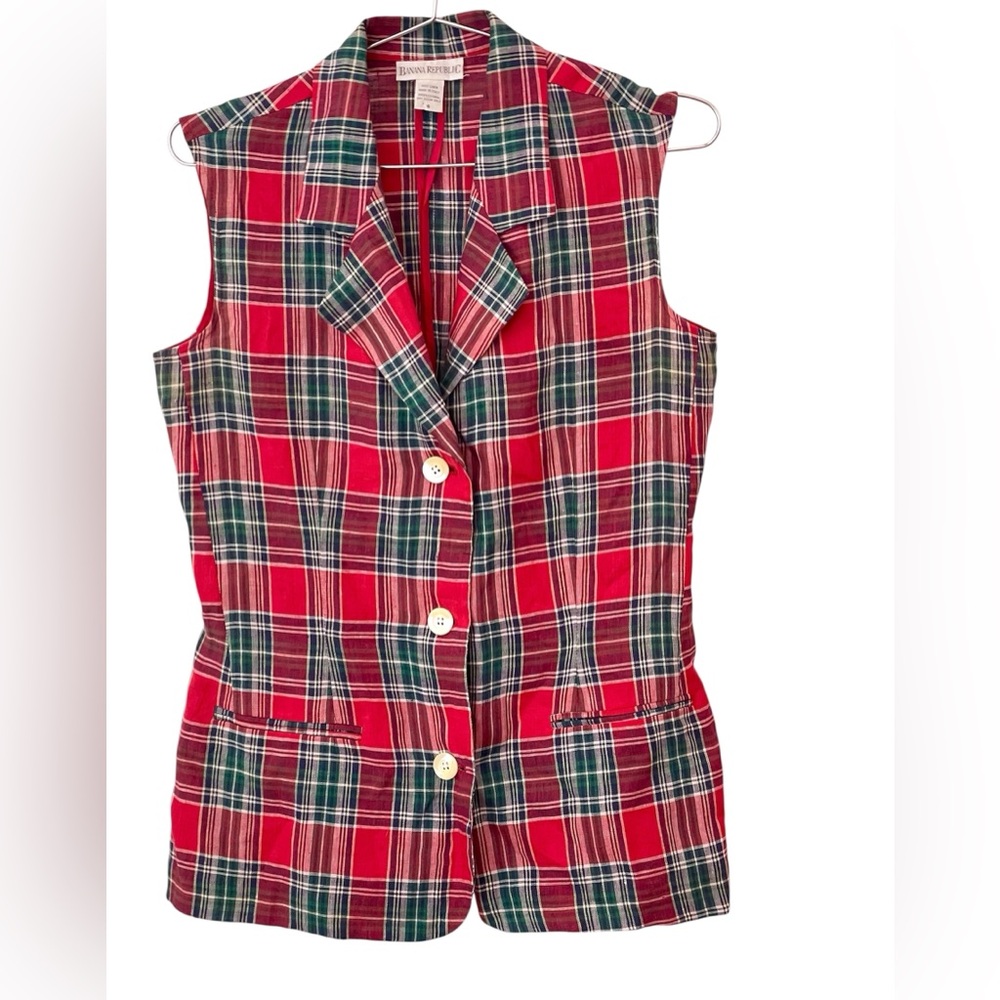 100% linen red plaid button front top Italian import